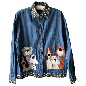 Vintage Lighthouse Apparel Denim Button Shirt M Dogs Dog Polka Dot Trim Western
